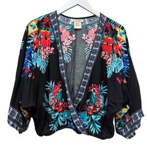 Flying Tomato Kimono Top Small Black Floral Boho Crossover Blouse Rayon Crop